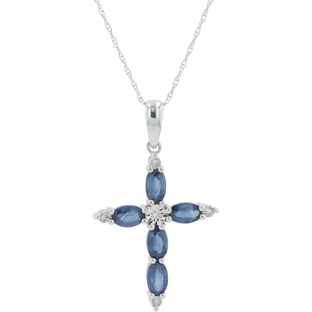 10K Gold Sapphire and Diamond Cross Pendant Necklace - 0.03 Carat Diamond Weight