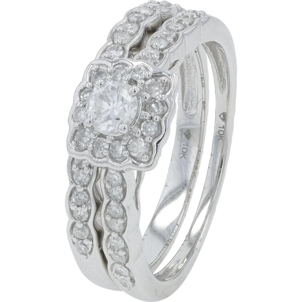 10K White Gold 0.50 Carat Diamond Bridal Ring Set with Halo and Prong - Set Diamonds - 0.50 Carat Total Diamond Weight