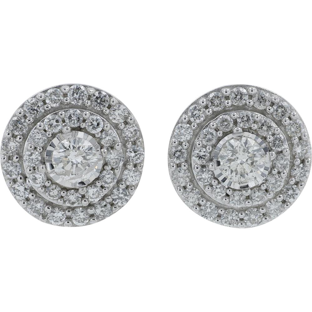 10K White Gold 1 Carat Diamond Cluster Stud Earrings with Round Cut Diamonds