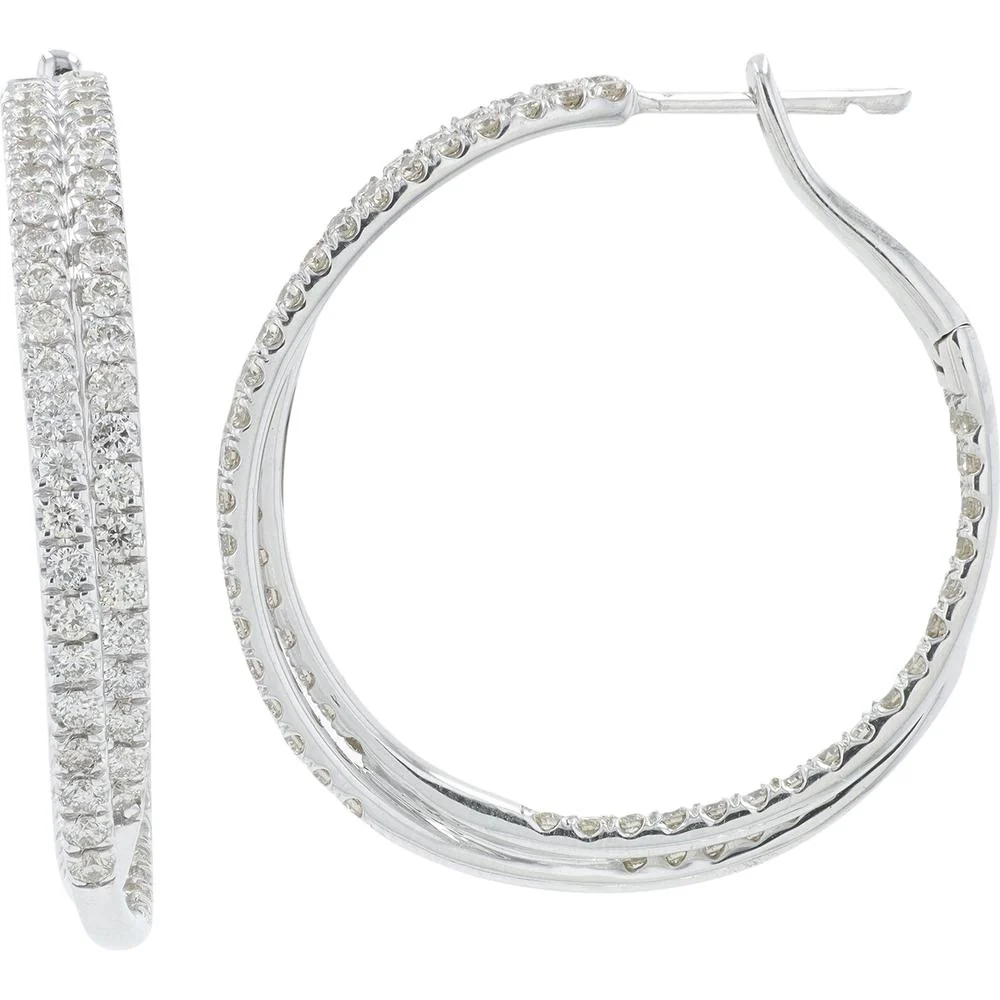 10K White Gold 3 Carat Diamond Inside - Out Crossover Hoops - 3.00 Carat Total Diamond Weight - Image 2