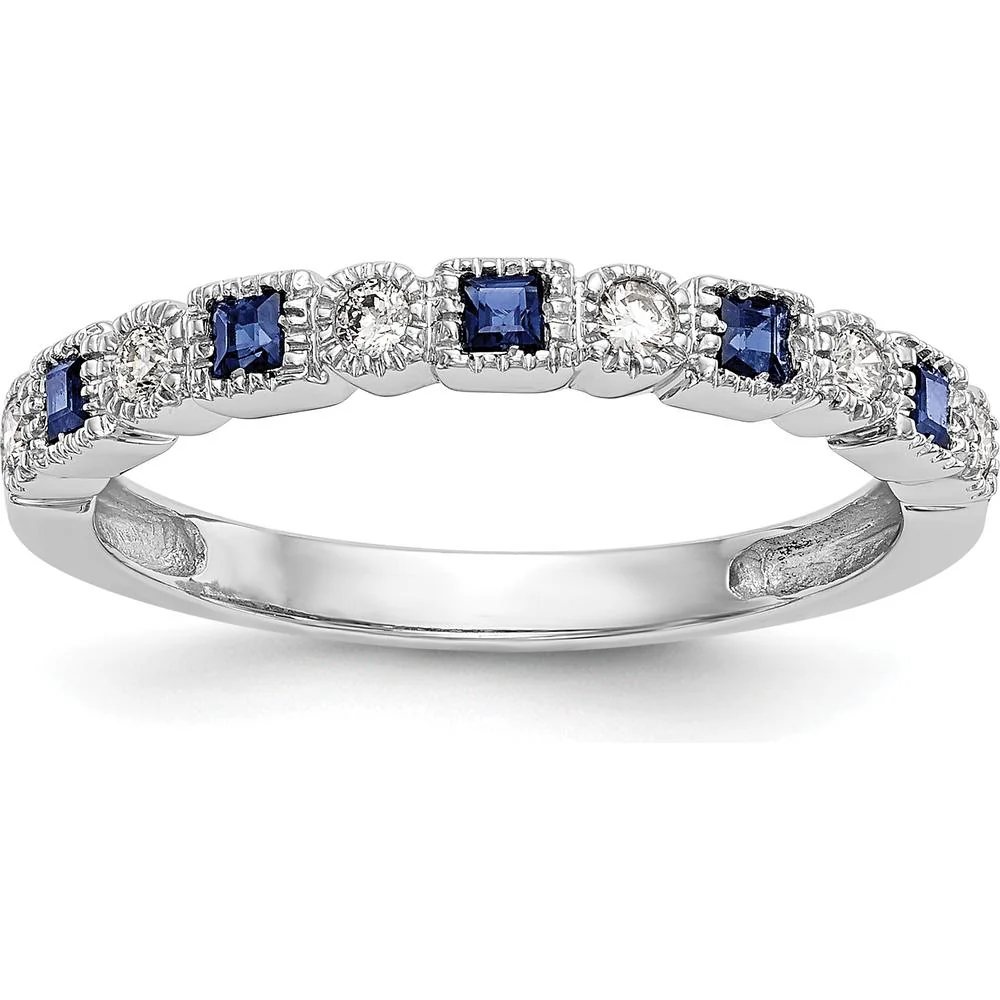 10K White Gold Band with Alternating Princess Cut Sapphires and Round Diamonds - 0.20 Carat Total Gemstone Weight - Size 7 by Oro Pregiato