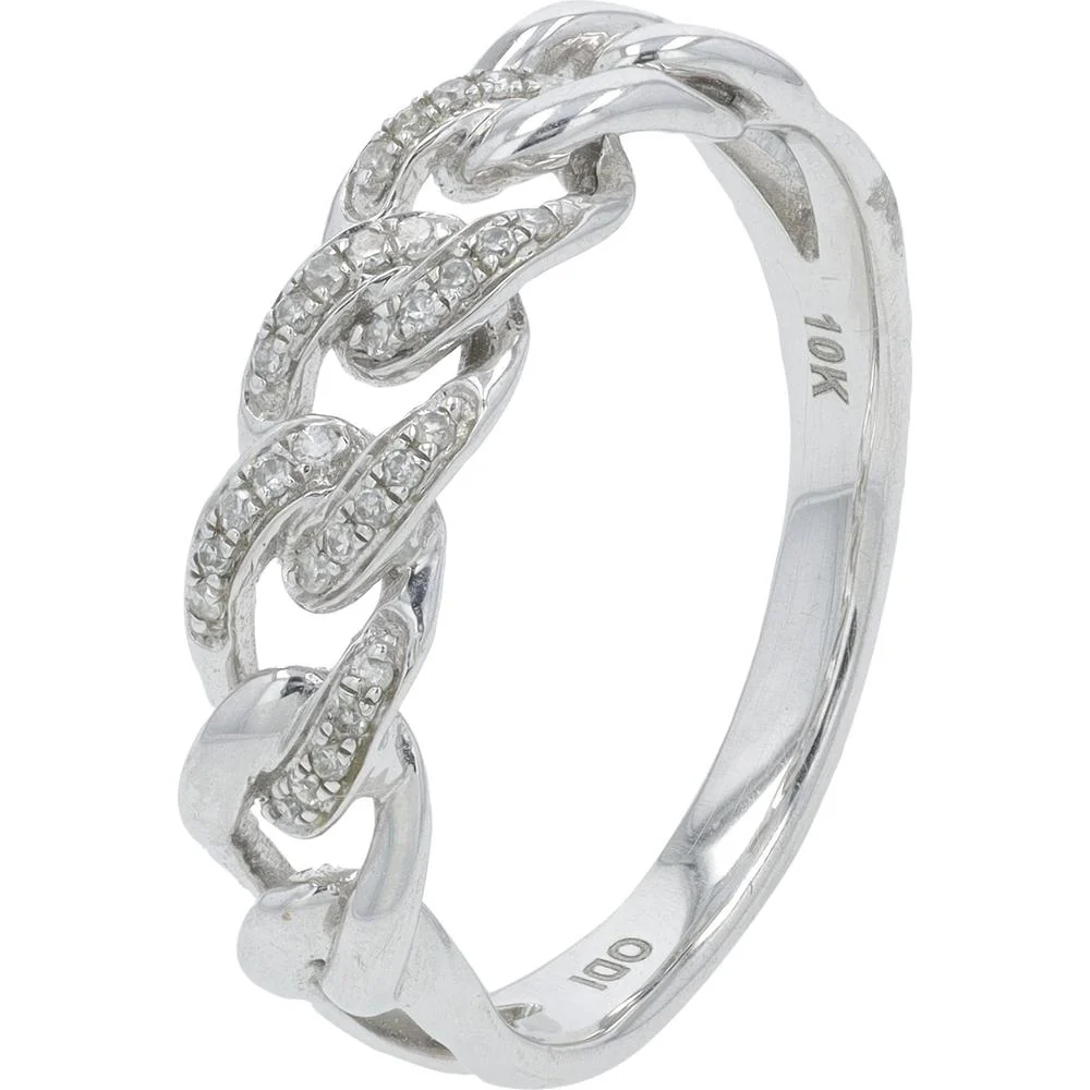 10K White Gold Curb Link Diamond Band Ring with Round Diamonds - 0.10 Carat Total Diamond Weight