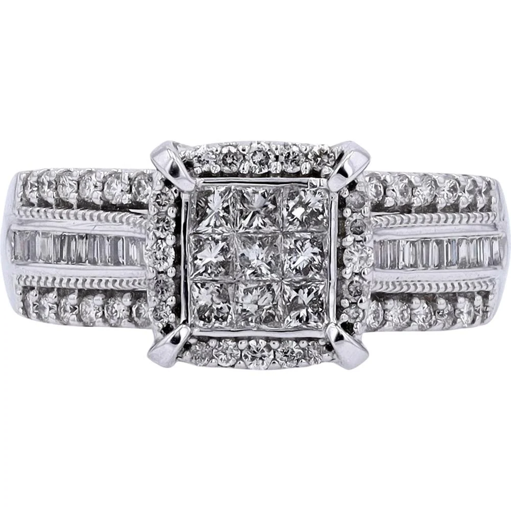 10K White Gold Diamond Halo Ring with 1.05 Carats of Round and Baguette Diamonds