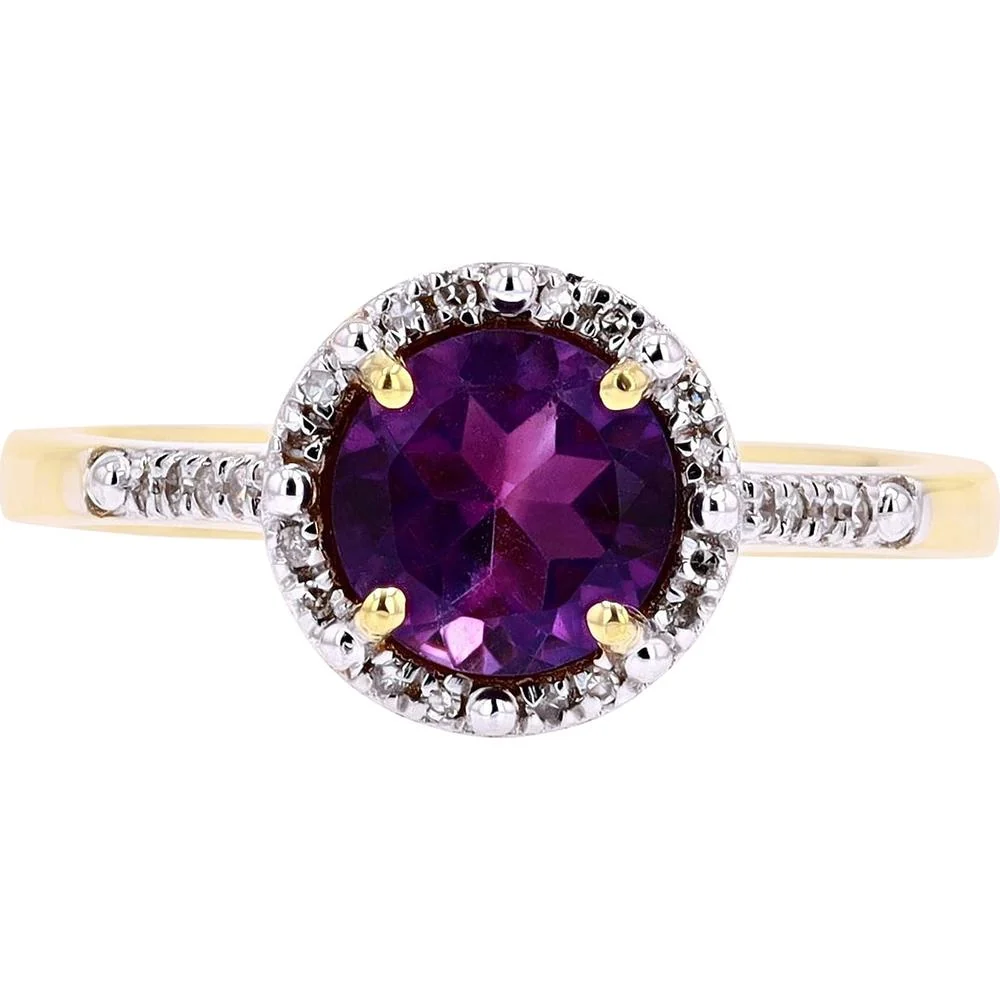 10K White Gold Halo Amethyst Gemstone Ring with 0.15 Carat Total Diamond Weight