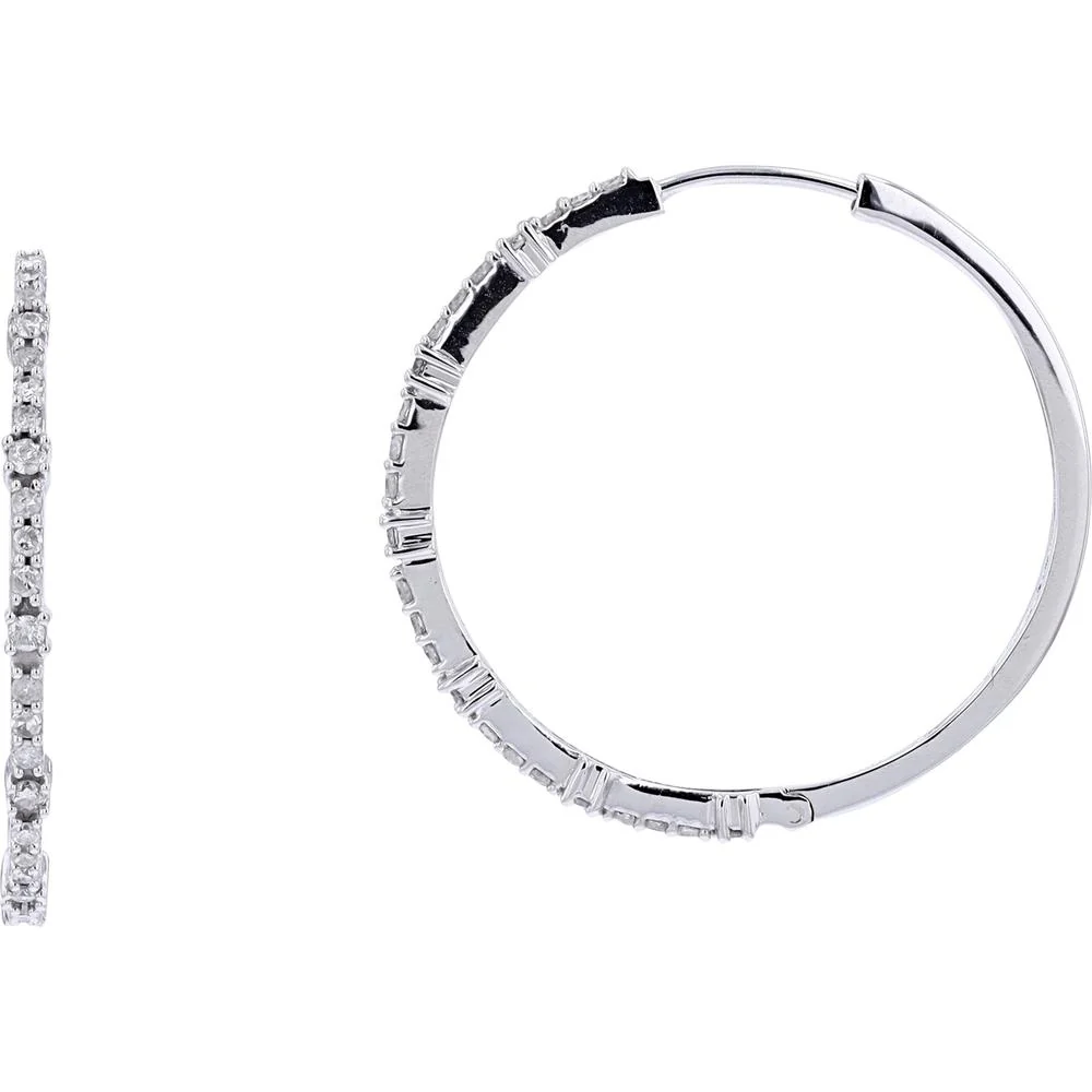 10K White Gold Medium Hoop Earrings with 0.50 Carat Prong Set Round Diamonds - 1/2 Carat Total Diamond Weight