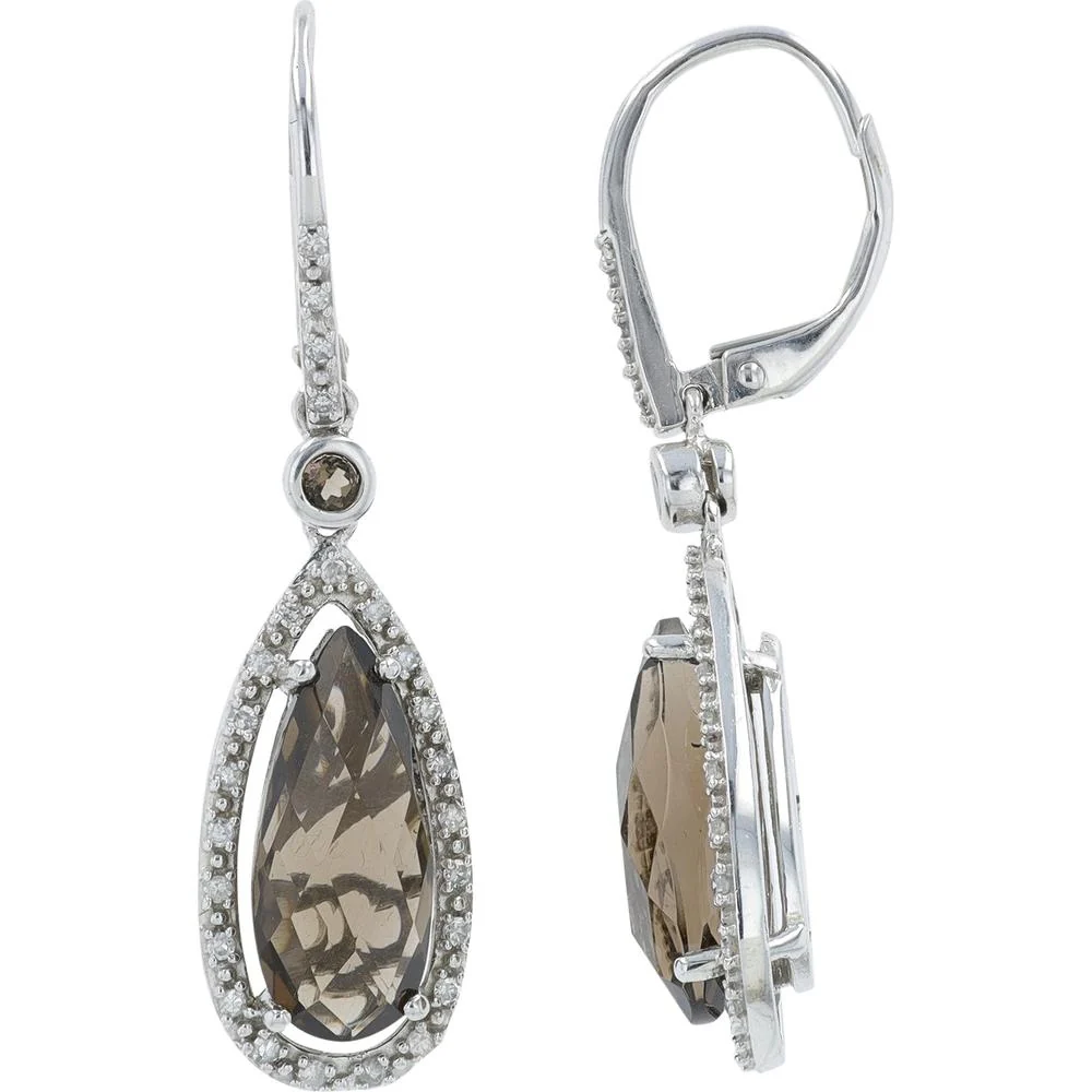10K White Gold Smoky Quartz Teardrop Earrings with Diamond Halo - 0.25 Carat Total Diamond Weight - Image 2