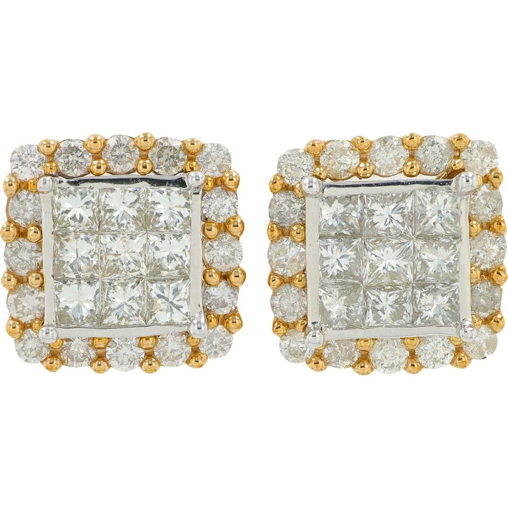 10K Yellow Gold 2 Carat Diamond Cluster Stud Earrings - 2.00 Carat Total Diamond Weight