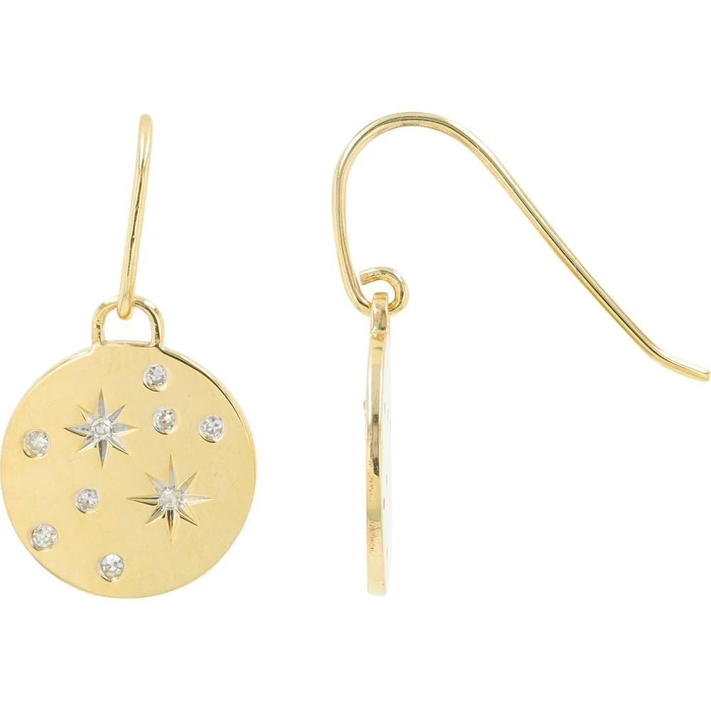 10K Yellow Gold Celestial Diamond Drop Earrings with Star Accents - 1/8 Carat Total Diamond Weight - Image 2