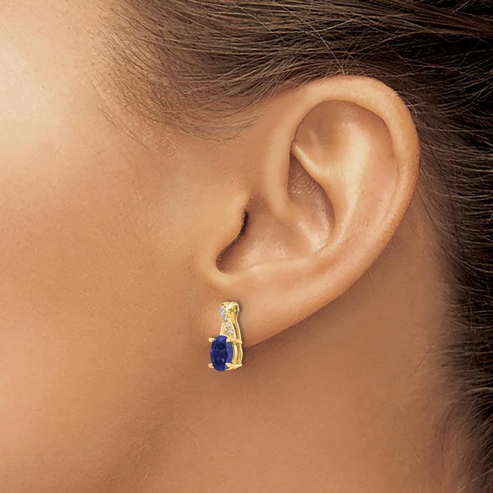 10K Yellow Gold Created Sapphire and Diamond Drop Earrings - 0.75 Carat Total Sapphire Weight, 0.06 Carat Total Diamond Weight by Oro Pregiato - Image 3