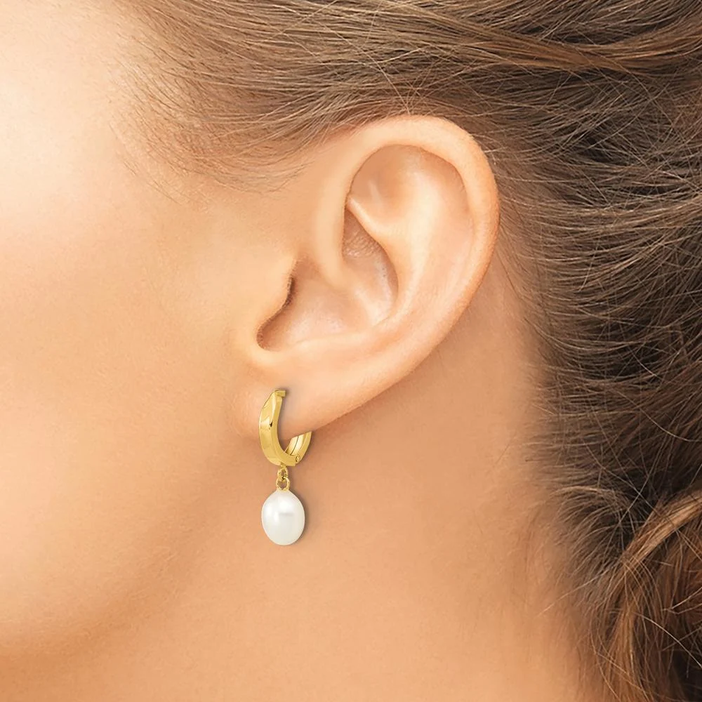 10K Yellow Gold Freshwater Cultured Pearl Hoop Dangle Earrings - 12mm Total Pearl Weight by Oro Pregiato - Image 3