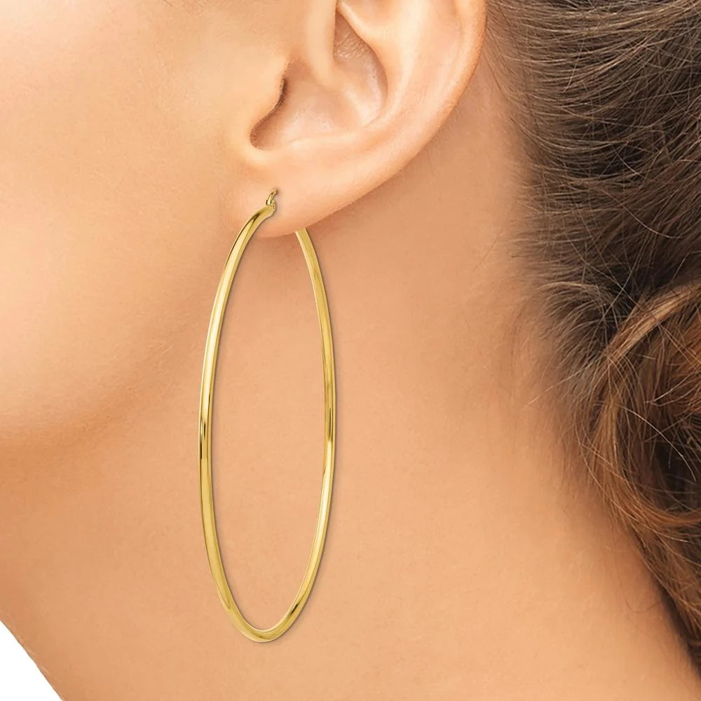 10K Yellow Gold Polished Lightweight 75mm Tube Hoop Earrings by Oro Pregiato - Image 3