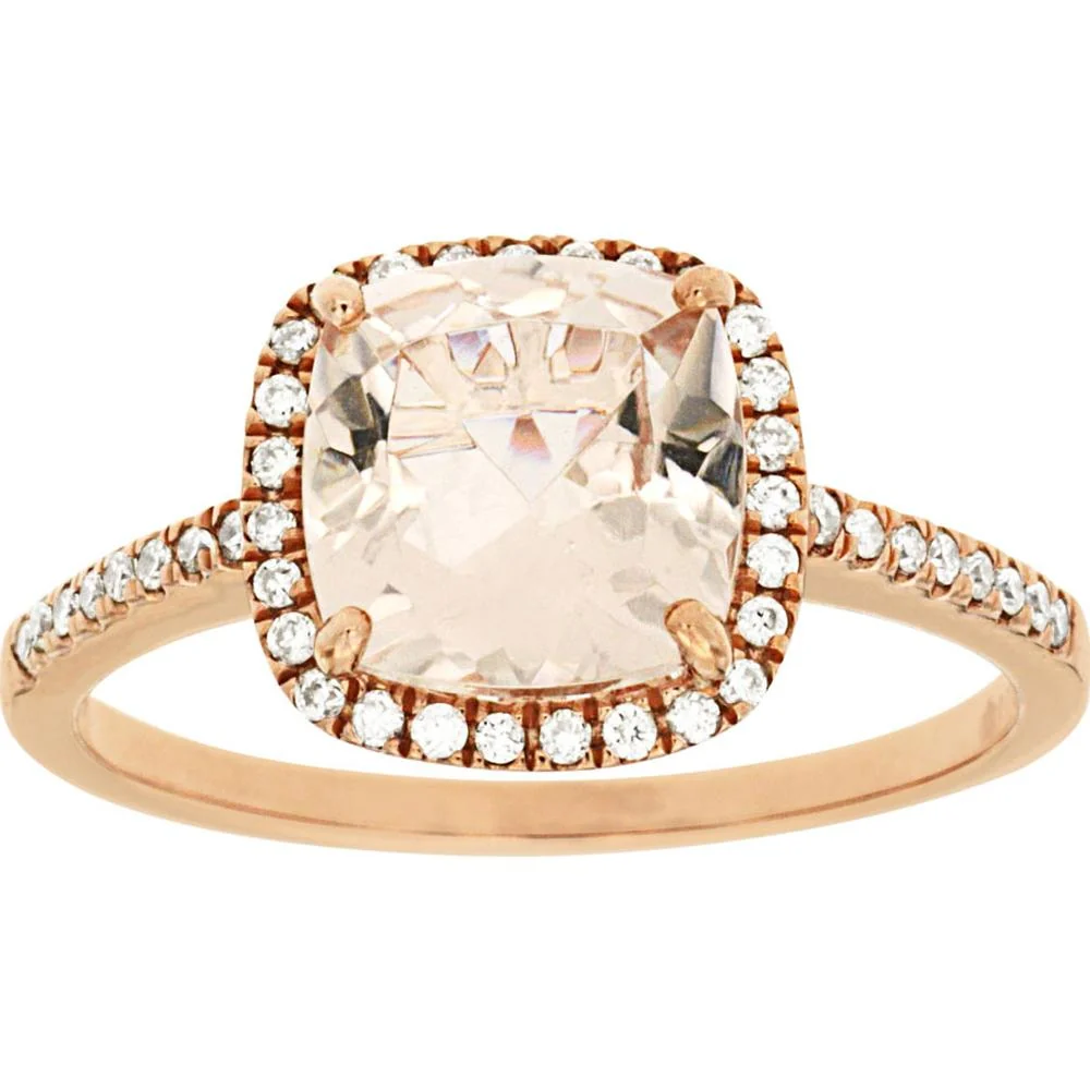 14K Rose Gold Cushion Cut Morganite and Diamond Halo Ring with Diamond Accent Band - 2.00 Carat Morganite and 0.18 Carat Total Diamond Weight - Royal Jewelry