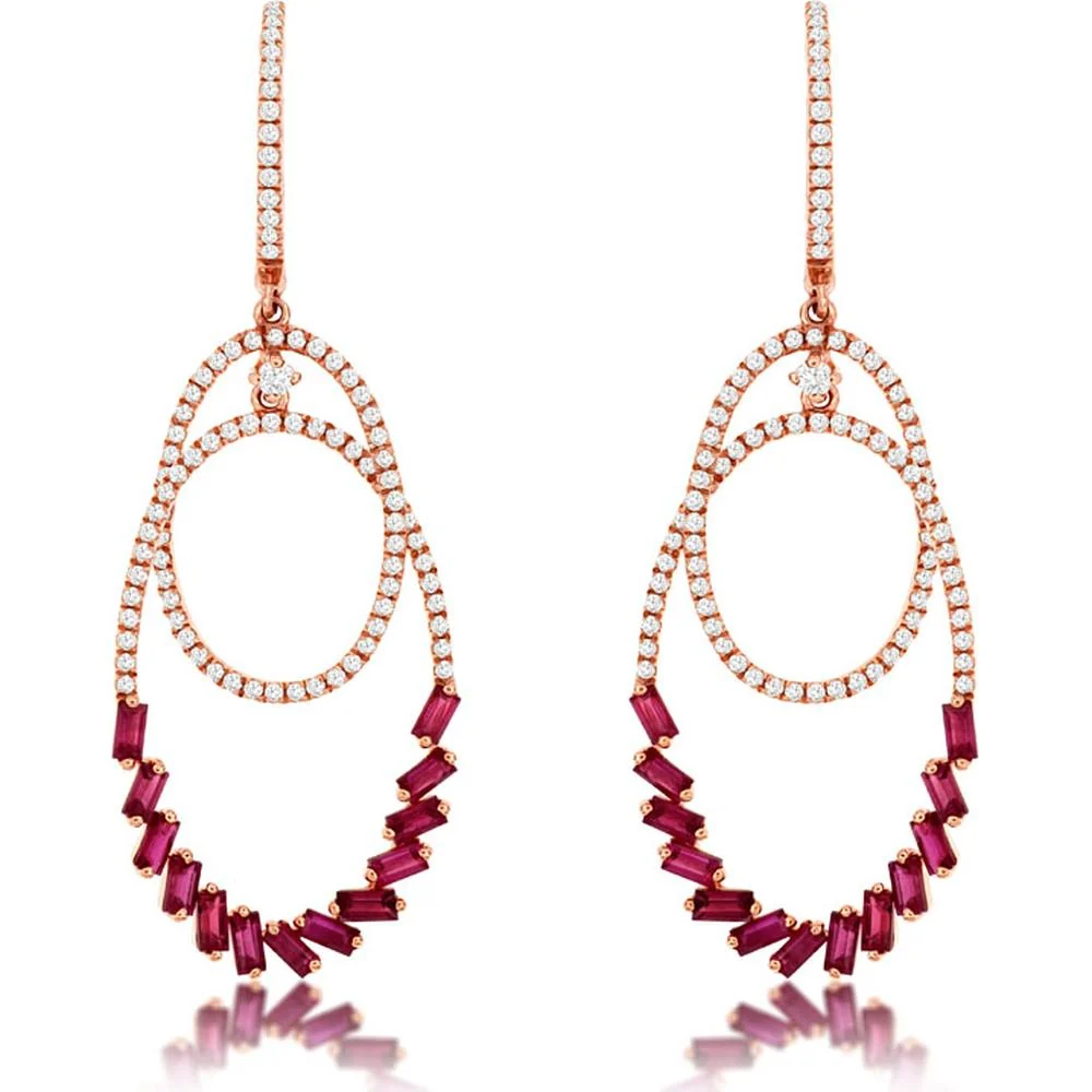 14K Rose Gold Drop Earrings with Baguette Cut Rubies and Round Diamond Details - 1.25 Carat Total Ruby Weight, 0.55 Carat Total Diamond Weight - Royal Jewelry