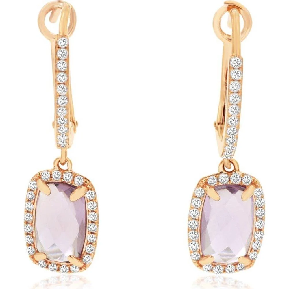 14K Rose Gold Drop Earrings with Cushion Cut Amethyst and Diamond Halo - 2.11 Carats Total Gem Weight - Royal Jewelry