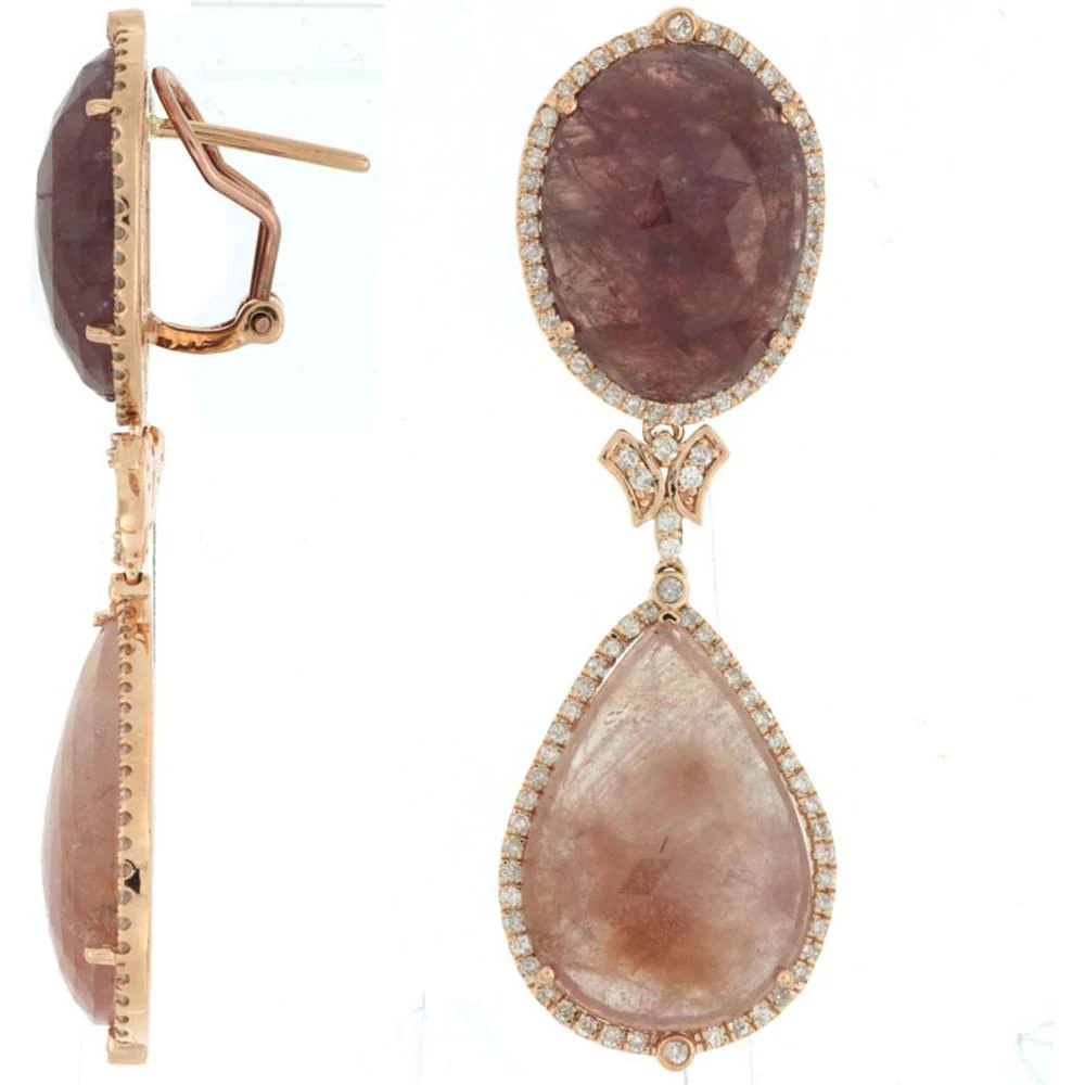 14K Rose Gold Drop Earrings with Halo Set Fancy Sapphires and Diamonds - 22.00 Carats Total Sapphire Weight, 1.00 Carat Total Diamond Weight - Royal Jewelry