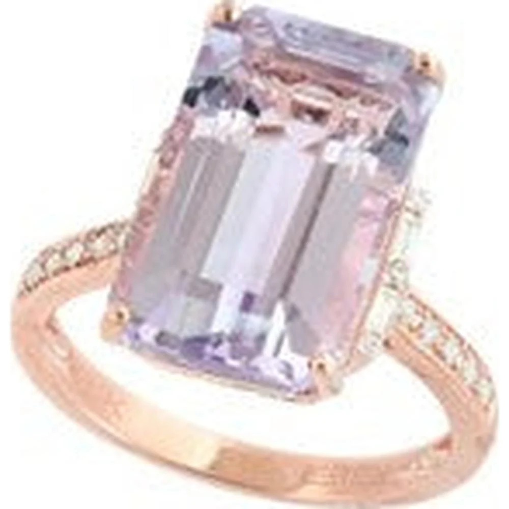 14K Rose Gold Emerald Cut 8.00 Carat Amethyst Ring with 0.15 Carat Diamond Accents
