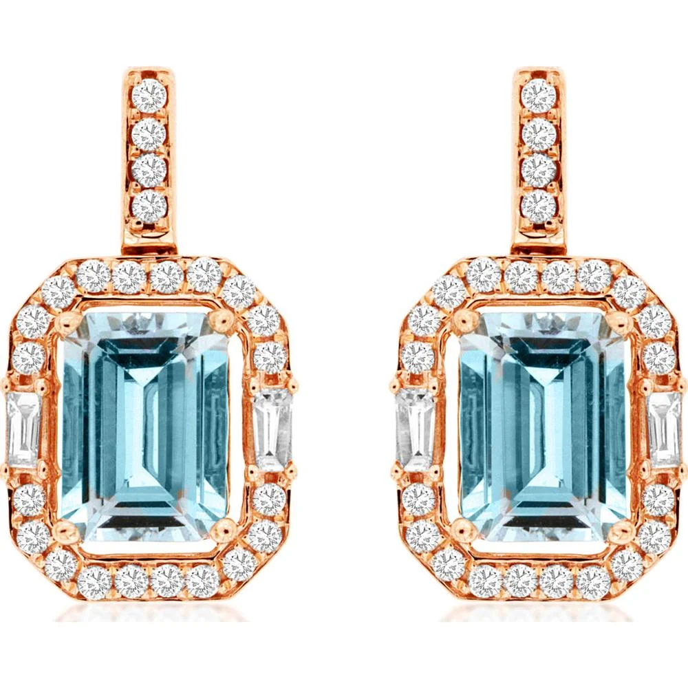 14K Rose Gold Emerald-Cut Aquamarine Drop Earrings with Diamond Halo and Baguette Accents - 1.75 Carat Total Aquamarine Weight, 0.36 Carat Total Diamond Weight - Royal Jewelry