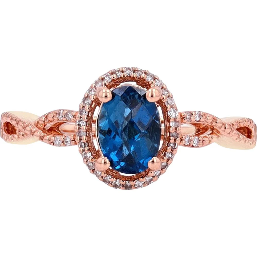 14K Rose Gold London Blue Topaz Halo Ring with Diamond Accents - 0.10 Carat Total Diamond Weight