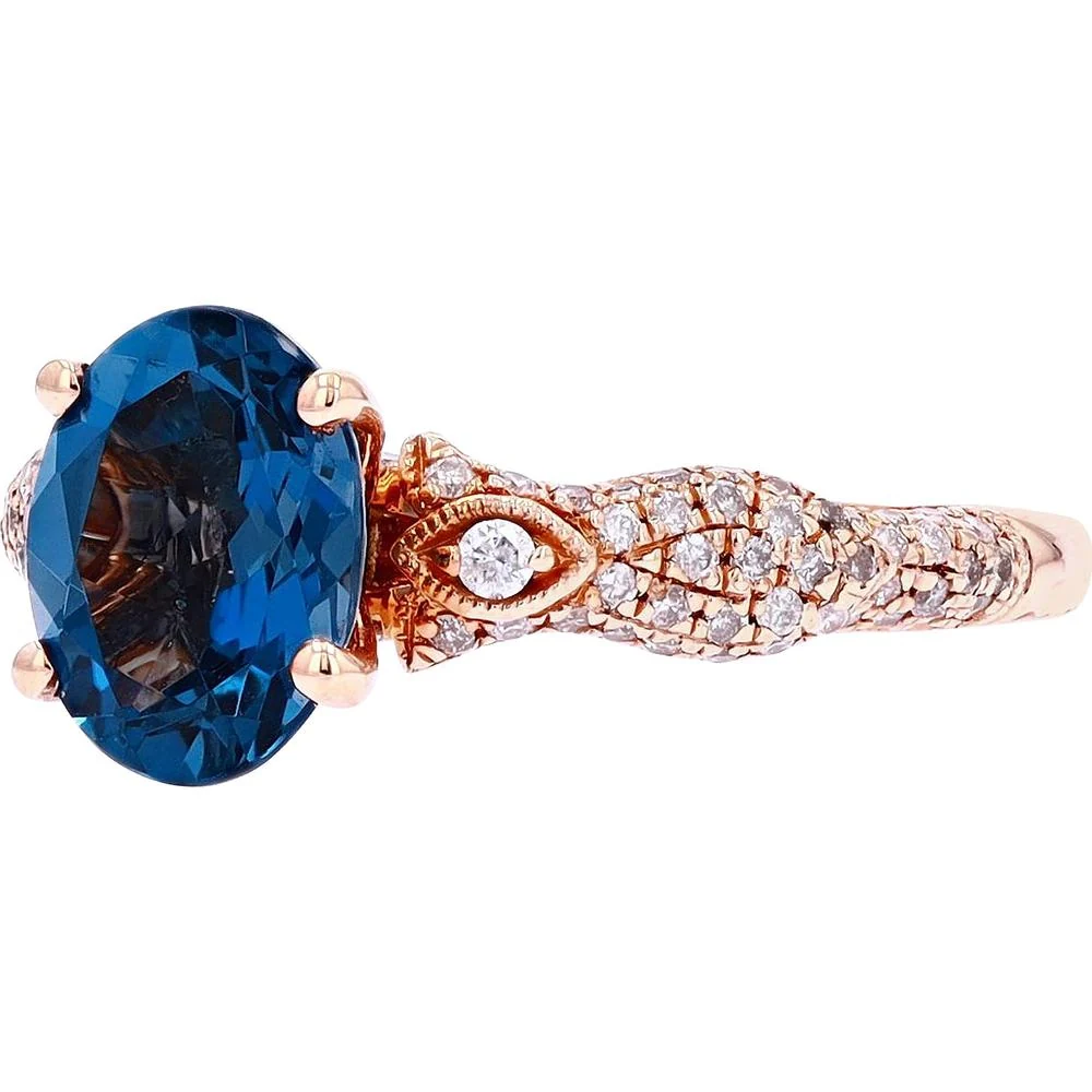 14K Rose Gold London Blue Topaz Ring with Diamond Accents - 2 3/8 Carat London Blue Topaz and 1/2 Carat Total Diamond Weight - Image 2