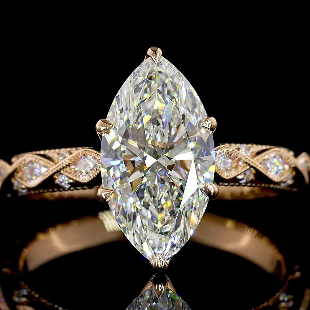 14K Rose Gold Marquise Cut Lab Diamond Twisted Shank Ring with Accent Marquise and Round Diamonds - 2.25 Carat Total Weight - Covaloro Fine Jewelry - Image 2