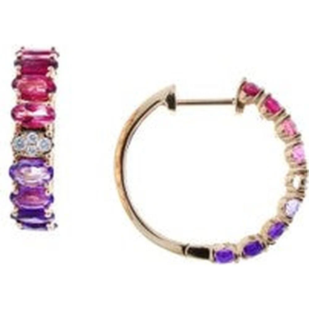 14K Rose Gold Medium Hoop Earrings with 3.30 Carat Pink Tourmaline & Amethyst and 0.12 Carat Diamond Accents