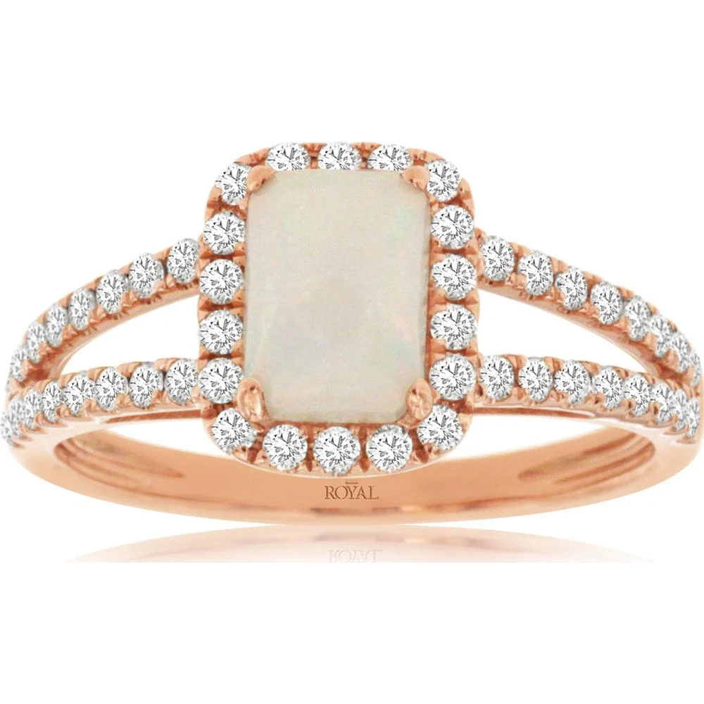 14K Rose Gold Opal and Diamond Halo Ring - 0.70 Carats Opal & 0.45 Carats Total Diamond Weight - Royal Jewelry
