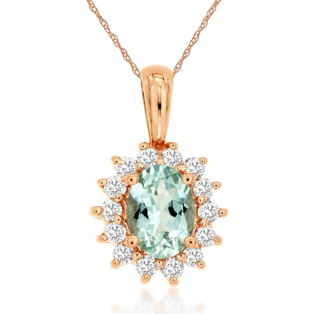 14K Rose Gold Oval Aquamarine and Diamond Halo Pendant Necklace - 0.68 Carat Aquamarine, 0.30 Carat Total Diamond Weight - Royal Jewelry