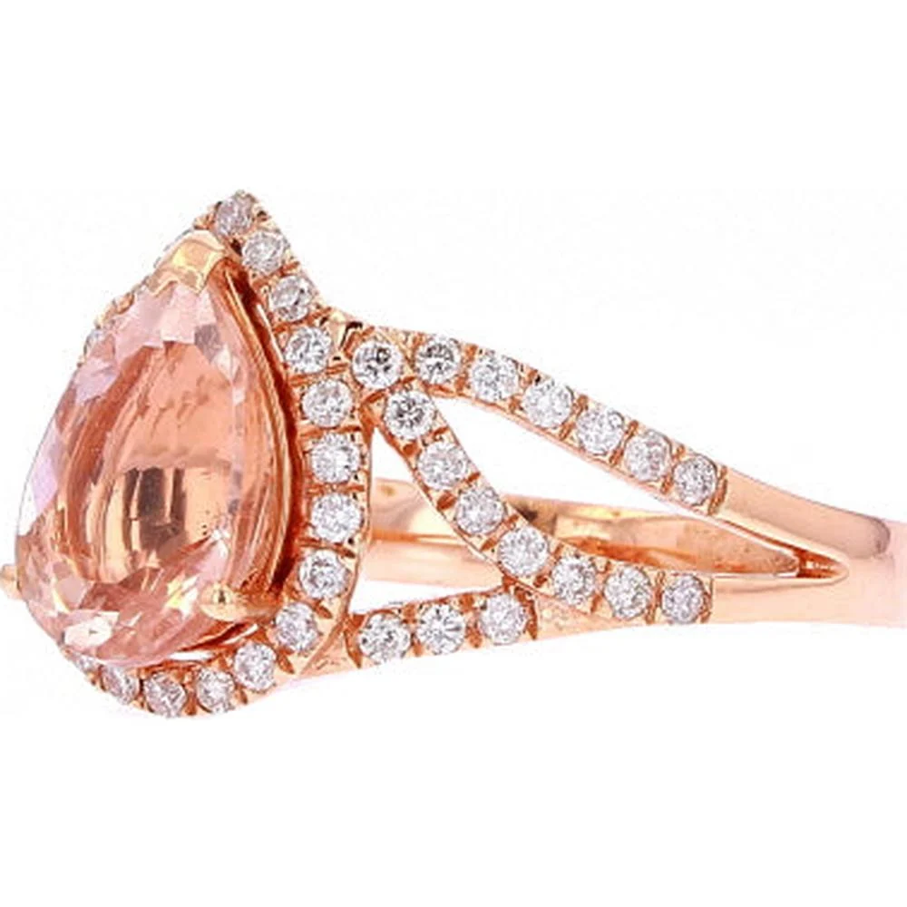 14K Rose Gold Pear Cut Morganite Ring with Halo of Diamonds - 1.70 Carat Morganite, 0.50 Carat Total Diamond Weight - Image 2