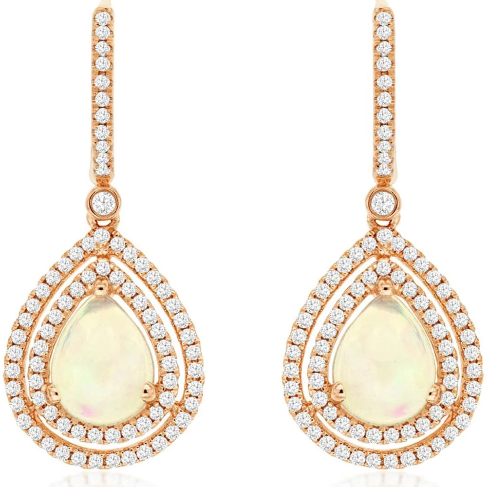 14K Rose Gold Pear Shape Opal Drop Earrings with Double Halo Round Diamonds - 2.40 Carat Total Opal Weight & 0.85 Carat Total Diamond Weight - Royal Jewelry