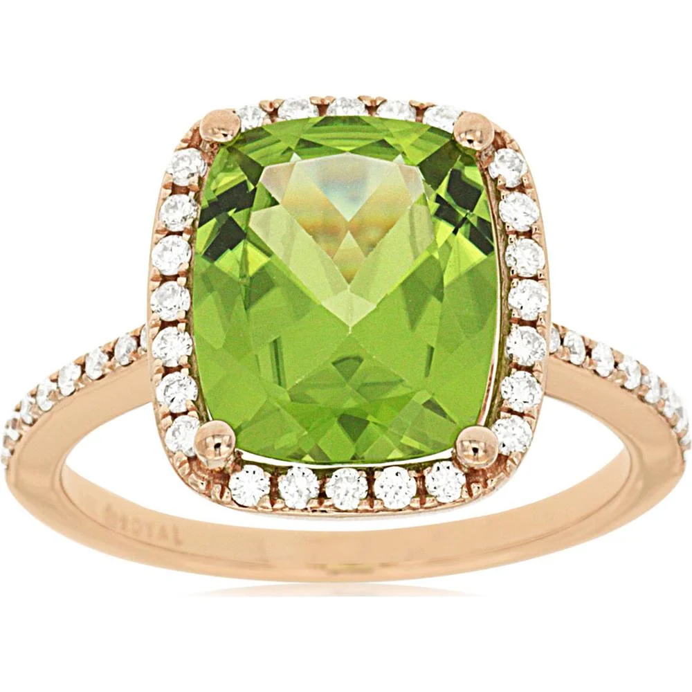 14K Rose Gold Peridot & Diamond Halo Ring with 4.25 Carats Peridot and 0.30 Carats Total Diamond Weight - Royal Jewelry