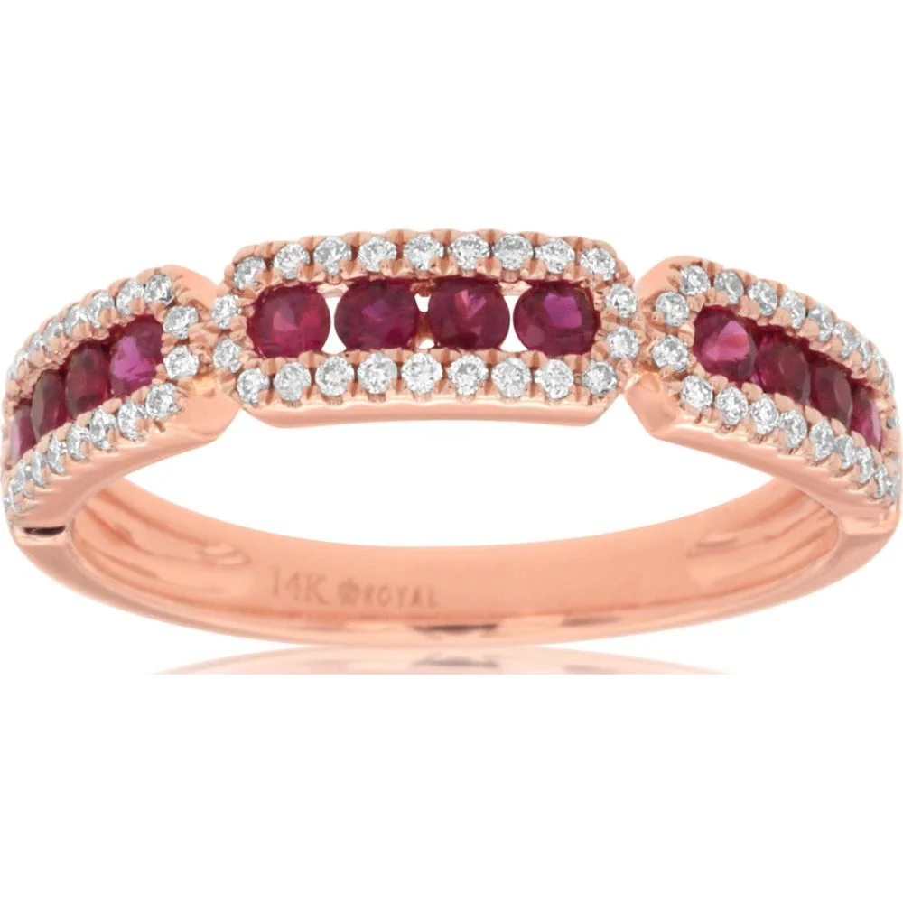 14K Rose Gold Ruby & Diamond Band Ring - 0.42 Carats Ruby & 0.20 Carats Diamond - Royal Jewelry
