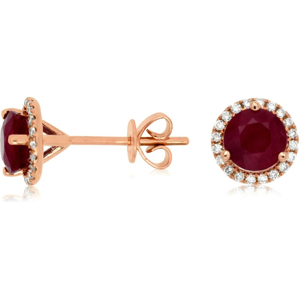 14K Rose Gold Ruby & Diamond Halo Stud Earrings - 1.50 Carats Ruby, 0.32 Carats Total Diamond Weight - Royal Jewelry