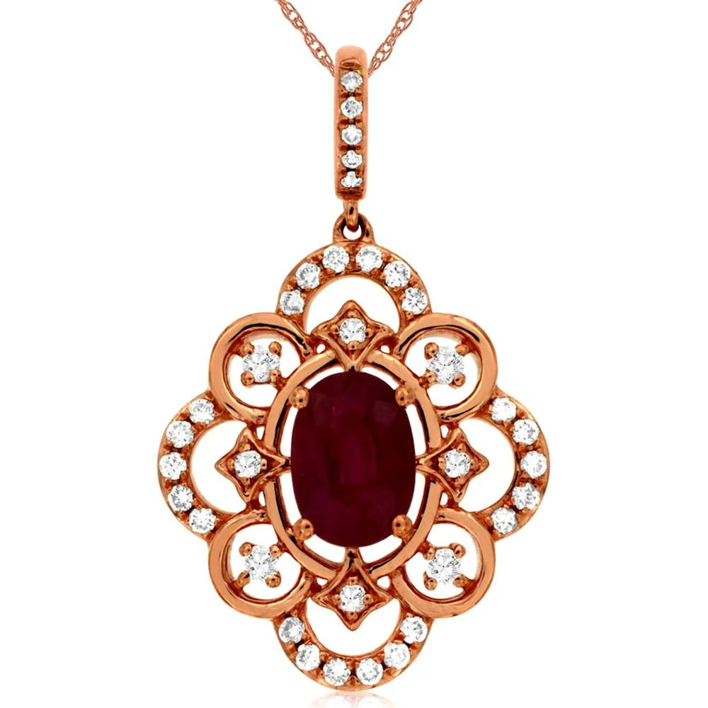 14K Rose Gold Ruby & Diamond Pendant with Oval Ruby - 0.90 Carats Ruby and 0.24 Carats Total Diamond Weight - Royal Jewelry
