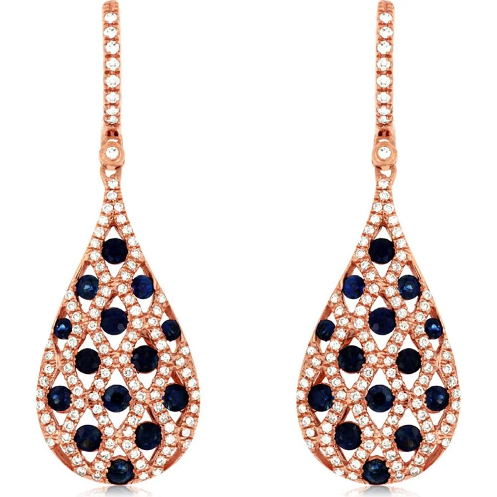 14K Rose Gold Sapphire & Diamond Drop Earrings - 1.45 Carats Total Sapphire Weight, 0.75 Carats Total Diamond Weight - Royal Jewelry