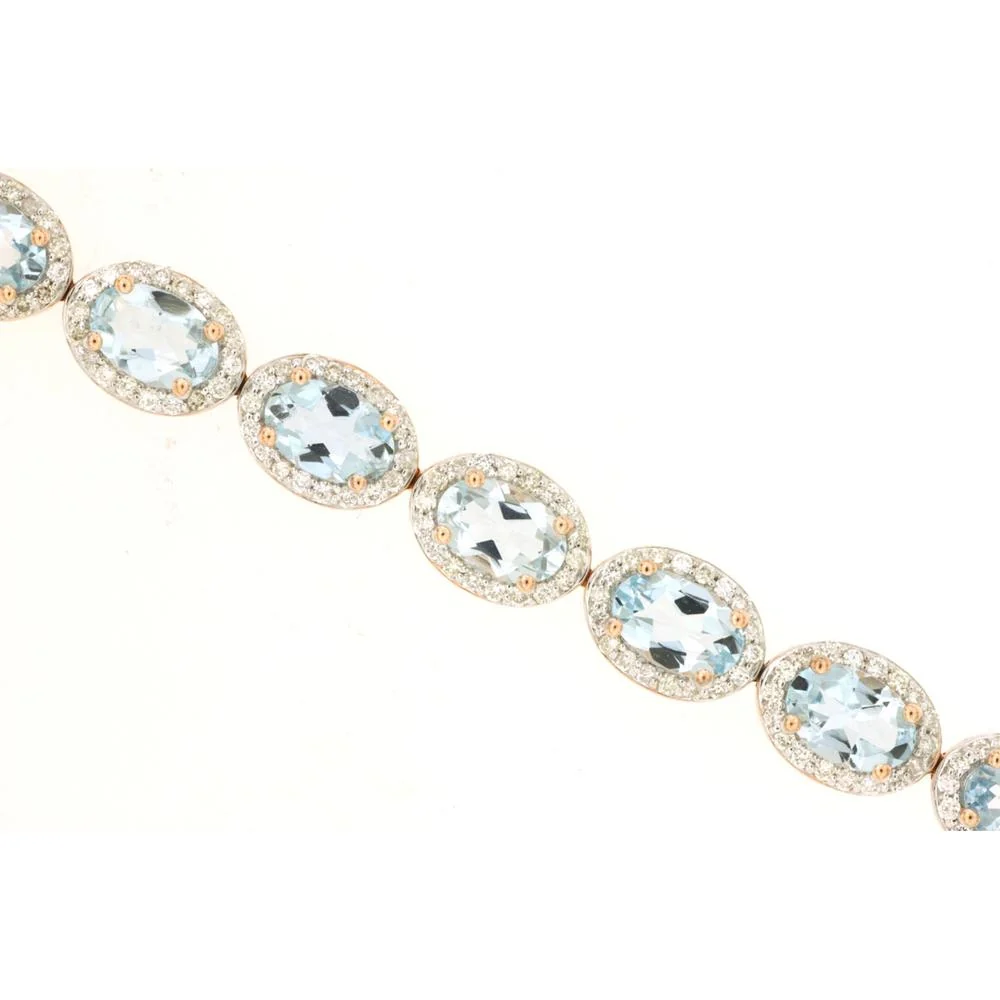 14K Rose Gold Station Bracelet with Oval Aquamarine and Diamond Halos - 8.40 Carat Total Aquamarine Weight, 1.40 Carat Total Diamond Weight - Royal Jewelry