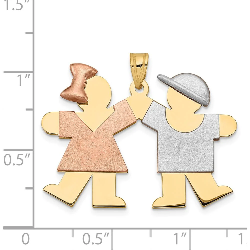 14K Tri-Color Gold Boy and Girl Engravable Childhood Friendship Charm - 25mm x 33mm by Oro Pregiato - Image 2