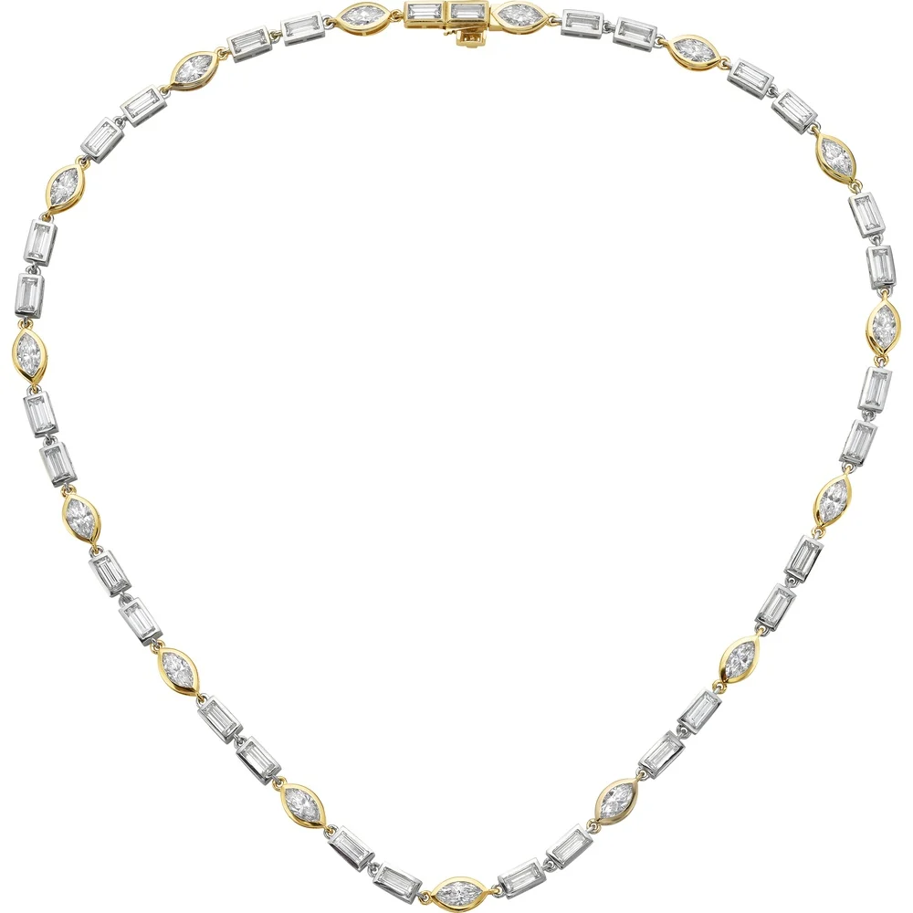 14K Two Tone 17" Tennis Necklace with Alternating Bezel Set Marquise and Baguette Lab Diamonds - 11.60 Carat Total Diamond Weight - Covaloro Fine Jewelry - Image 2