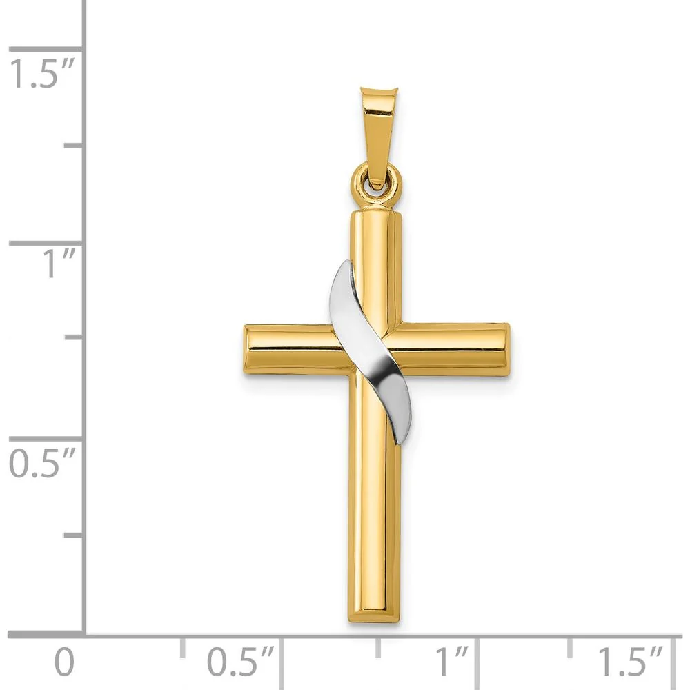 14K Two-Tone Gold and Silver Hollow Cross Pendant with Drape Charm - 33mm Length by Oro Pregiato - Image 3