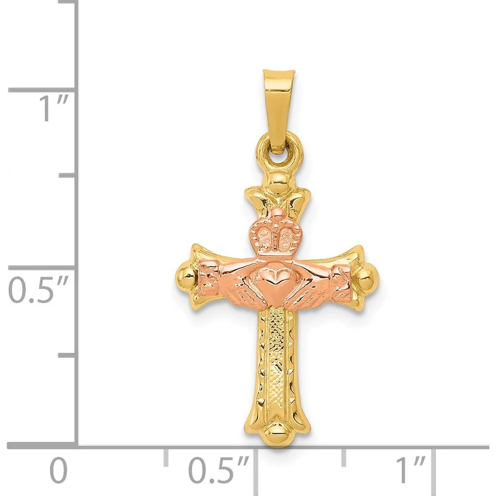 14K Two-Tone Gold Claddagh Cross Pendant - Symbol of Love, Loyalty, and Friendship by Oro Pregiato - Image 3