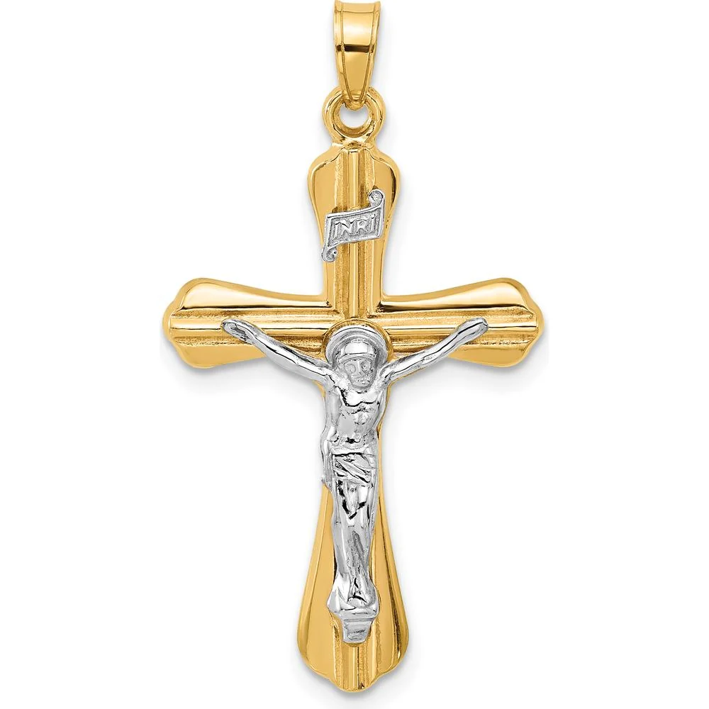 14K Two-Tone Gold Grooved Hollow INRI Crucifix Pendant - Polished Finish by Oro Pregiato