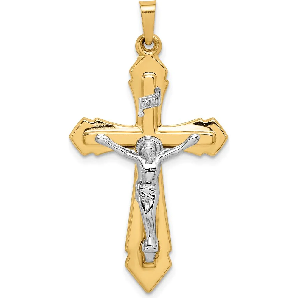 14K Two-Tone Gold INRI Crucifix Pendant - Polished & Brushed Finish, 40mm Length by Oro Pregiato