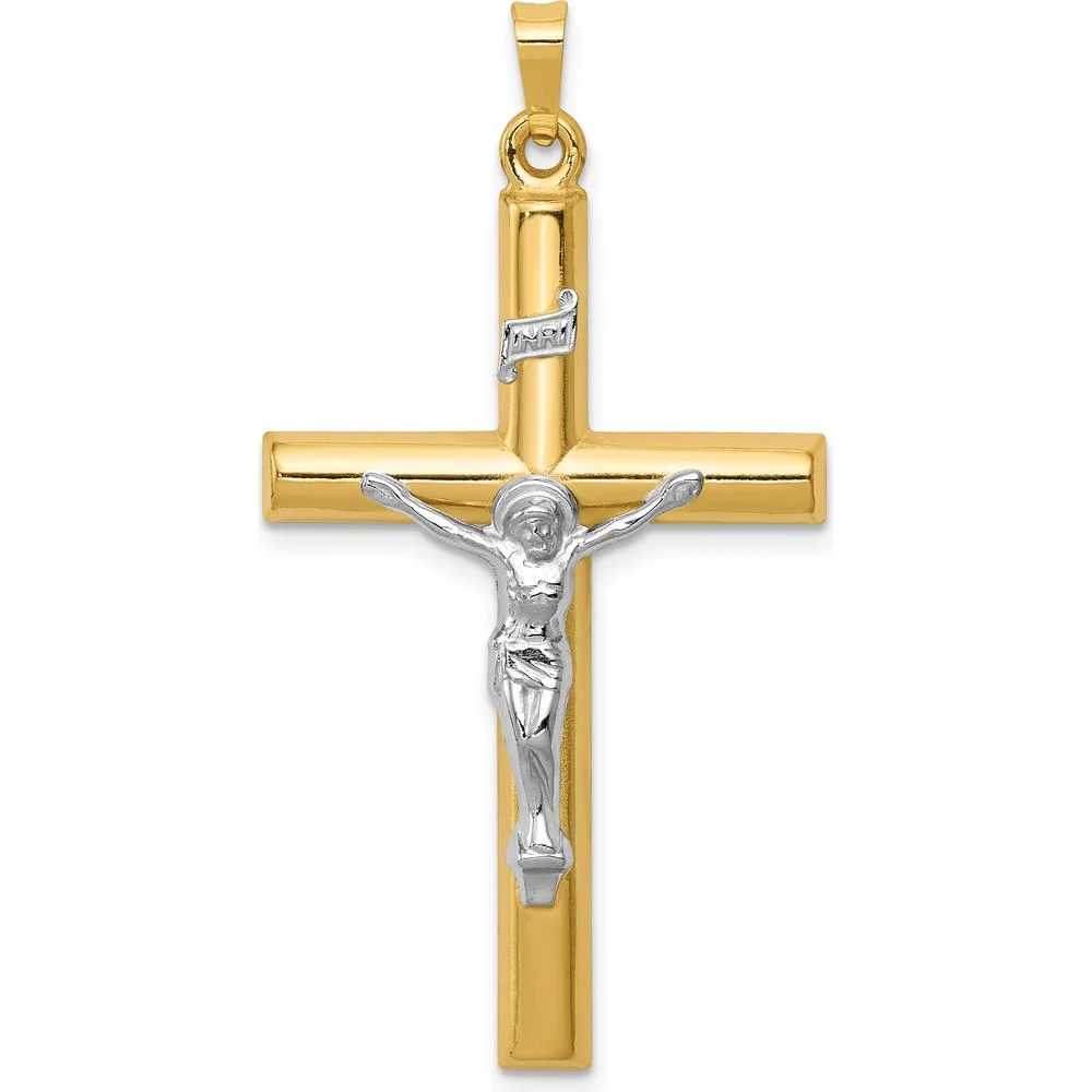14K Two-Tone INRI Hollow Crucifix Pendant - Faith Symbol in Polished Gold by Oro Pregiato