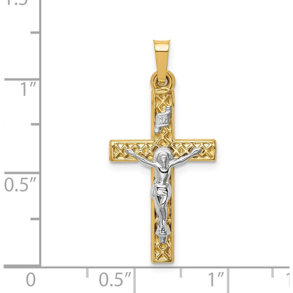14K Two-Tone Polished Lattice Textured INRI Crucifix Pendant by Oro Pregiato - Image 4