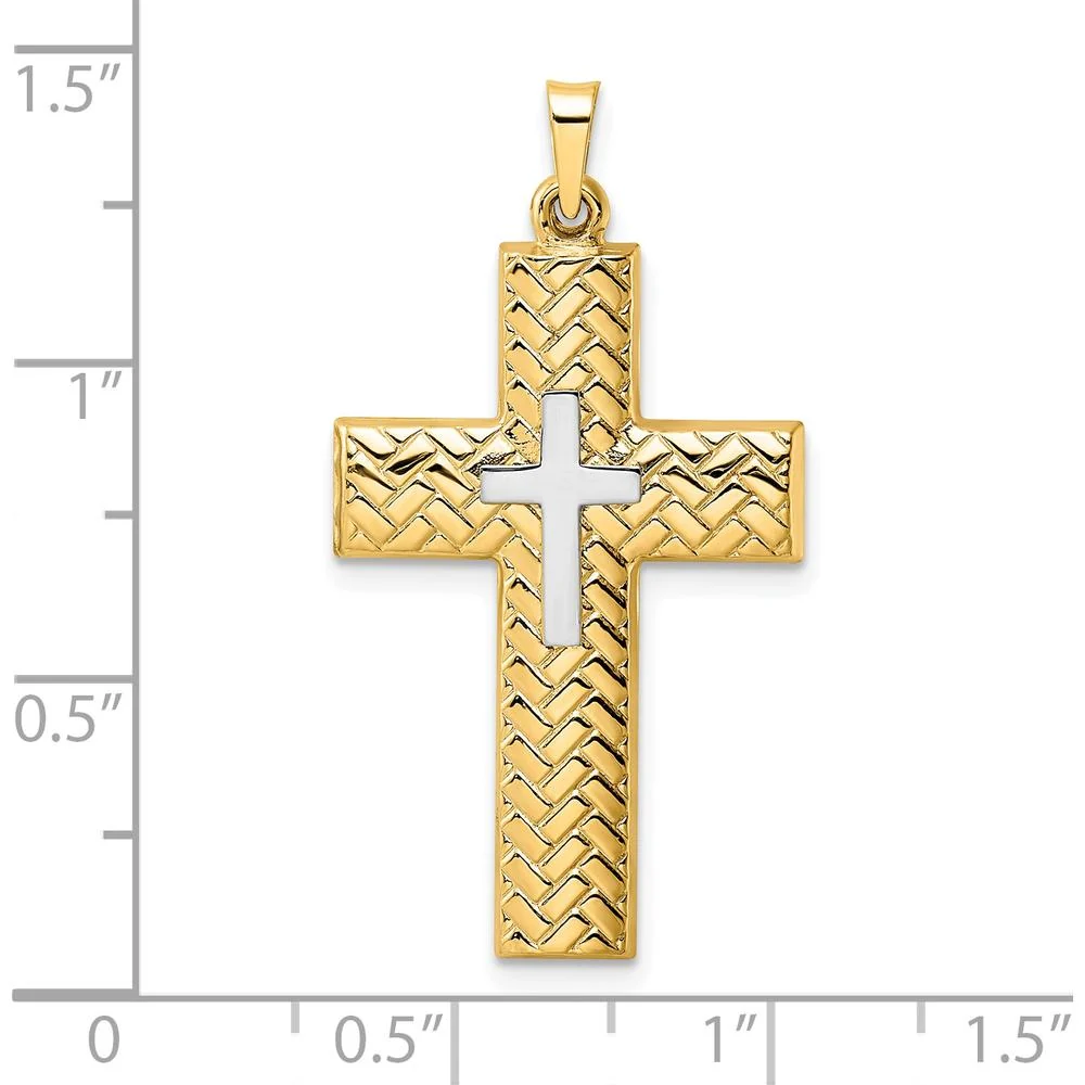 14K Two-Tone Polished Woven Cross Pendant with Hollow Design - 36.05mm Length by Oro Pregiato - Image 3