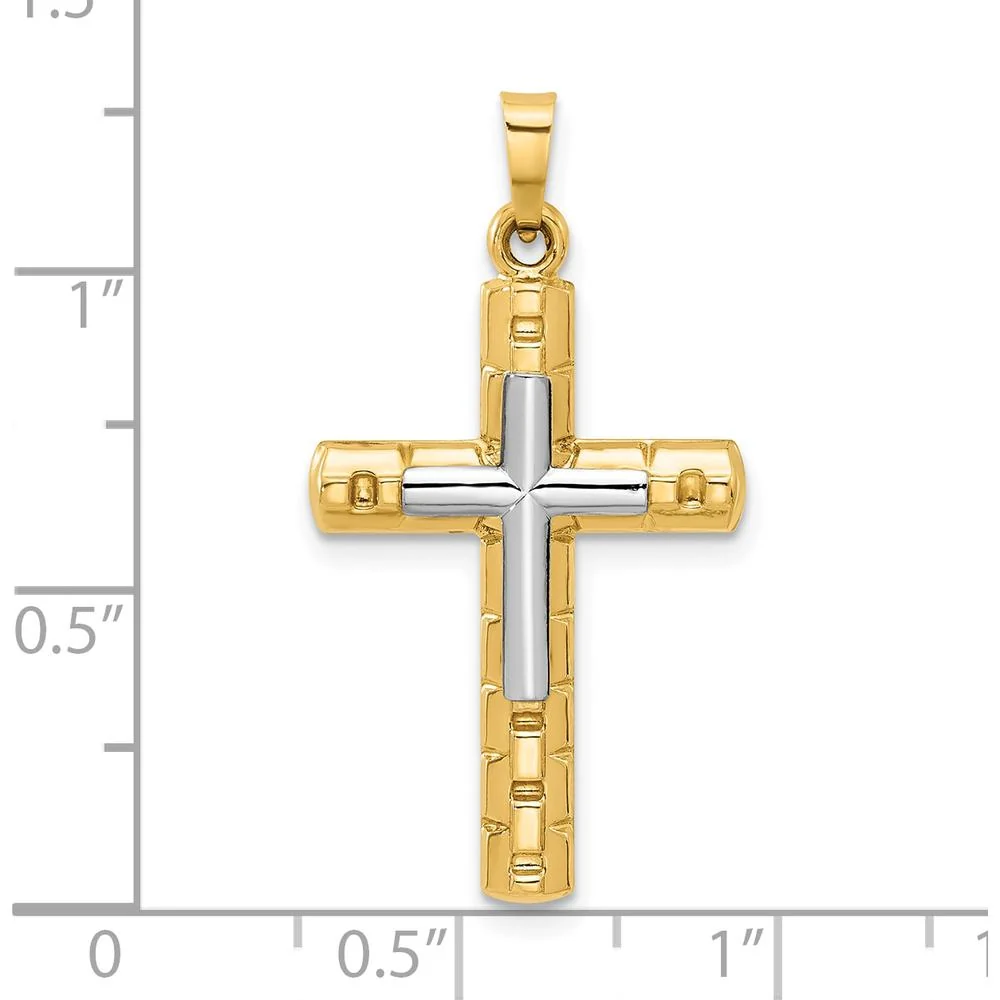14K Two-Tone Textured and Polished Hollow Latin Cross Pendant by Oro Pregiato - Image 4