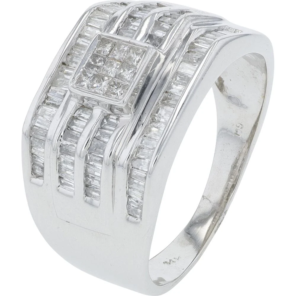 14K White Gold 1.00 Carat Diamond Gents Ring with Baguette and Princess Cut Diamonds