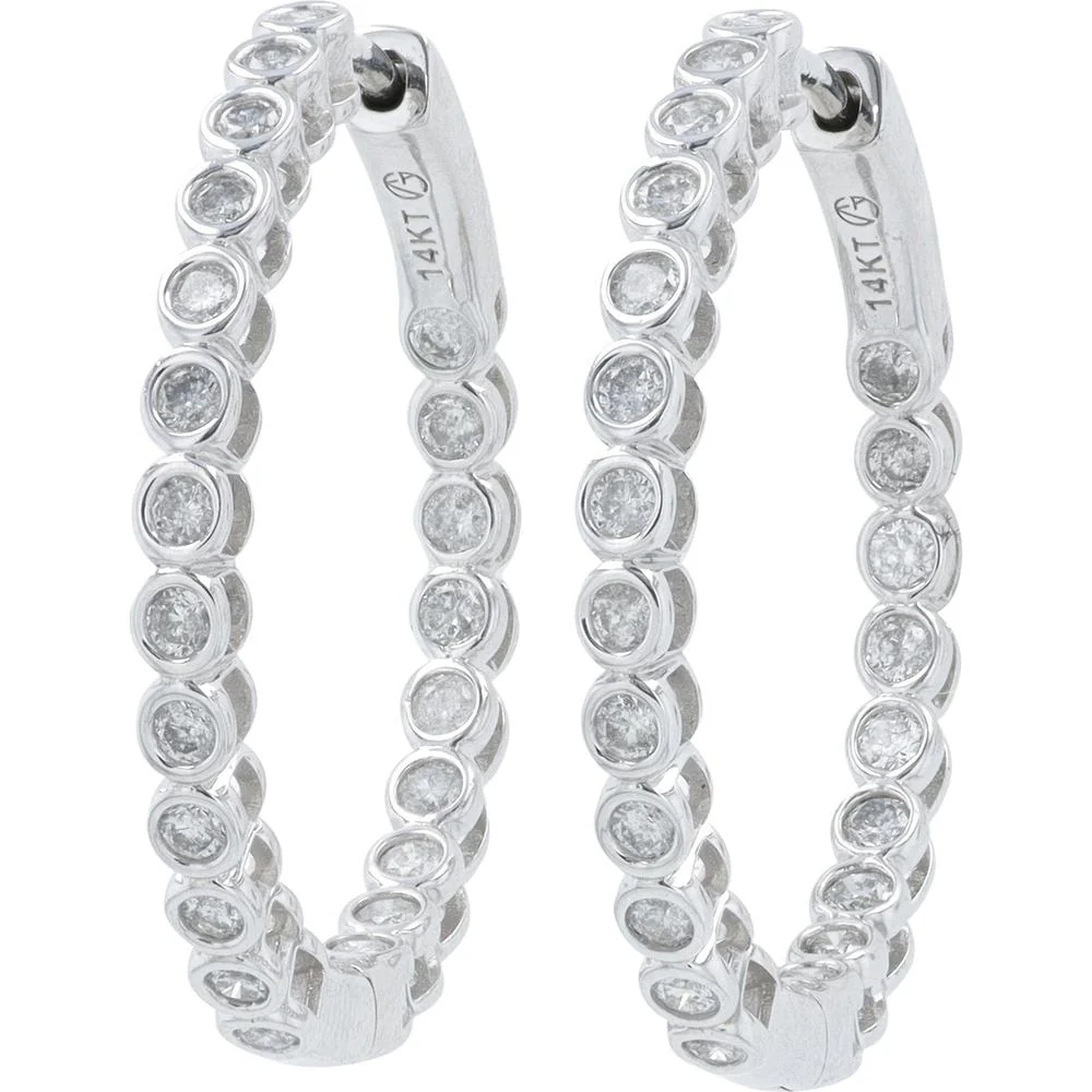 14K White Gold 1.00 Carat Diamond Inside - Out Hoop Earrings - 0.50 Carat per Earring