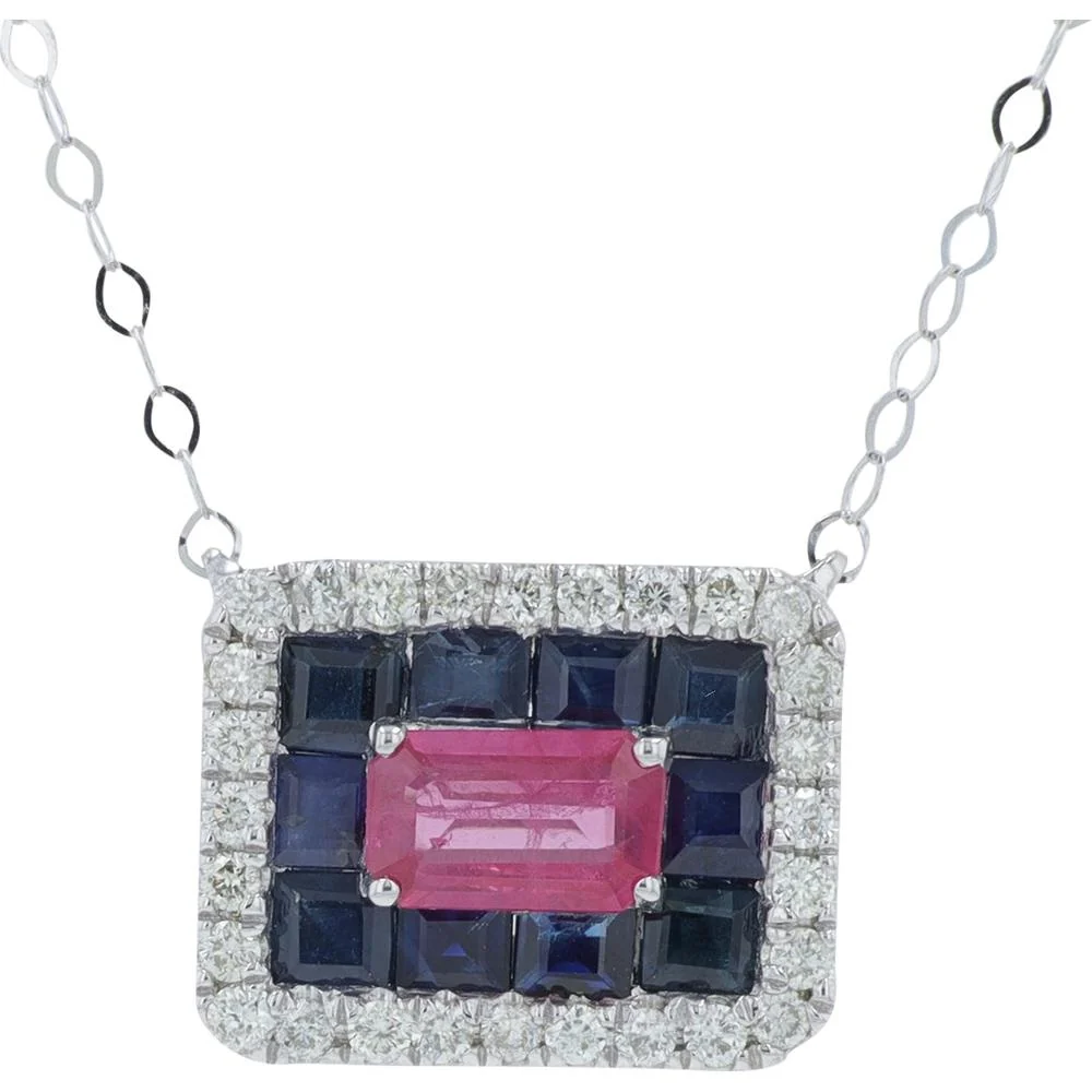 14K White Gold 1.00 Carat Emerald Cut Ruby & Sapphire Necklace with 0.16 Carat Diamond Halo