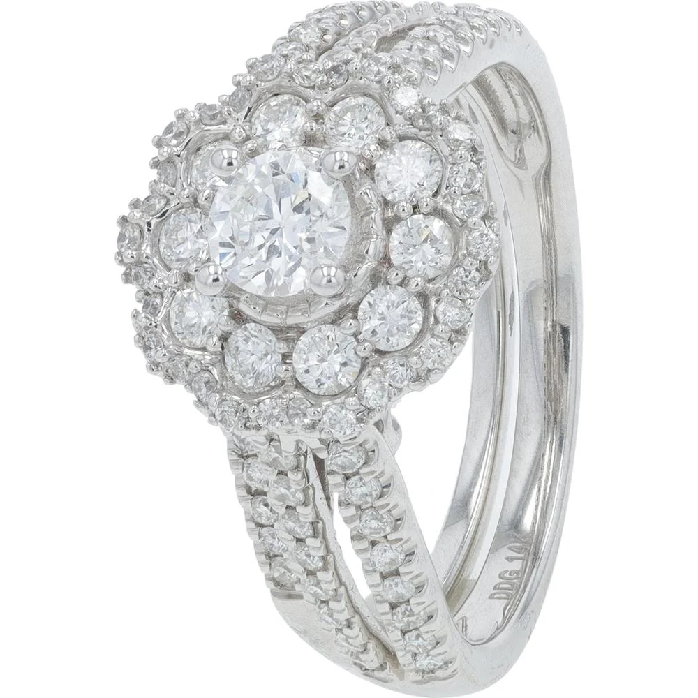 14K White Gold 1.00 Carat Total Diamond Bridal Set with Halo and Pavé Split Shank - Round Diamonds