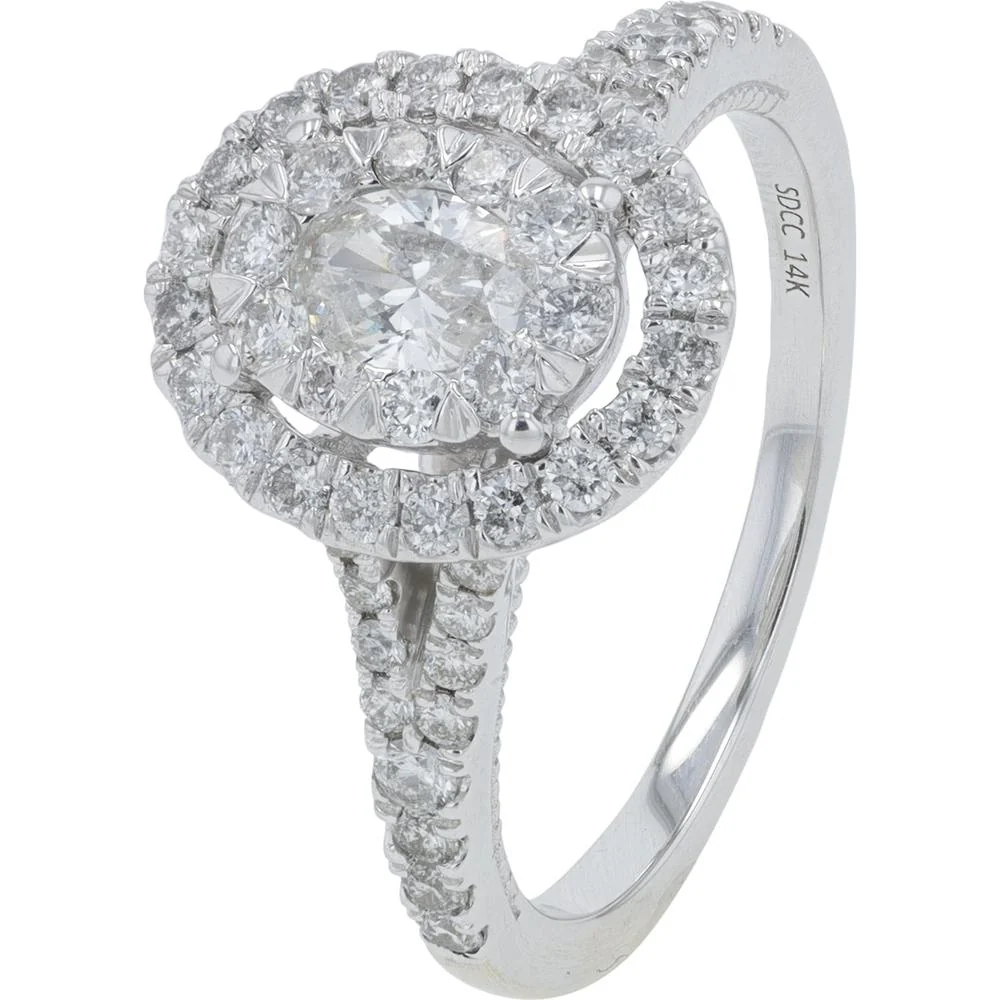 14K White Gold 1.00 Carat Total Weight Diamond Ring with Halo and Pave Accents - 0.33 Carat Center Diamond